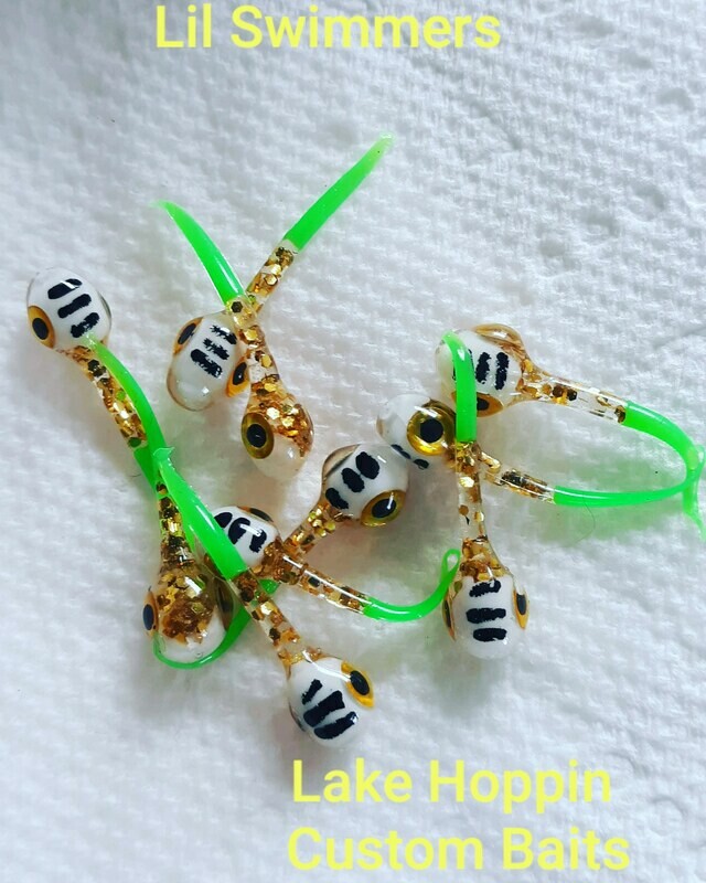 1 1/4&quot;  Big eyed Lil Swimmers tiger 10 per pk  white top/gold flake bottom/ chartruse green tip tail