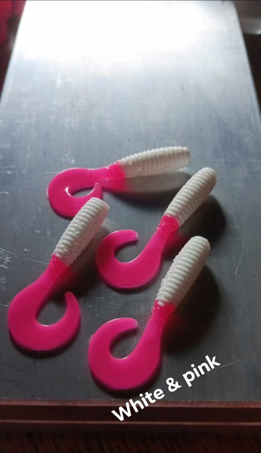 2&quot; Wiggle tail twisters 
16 per pack
White &amp; hot pink