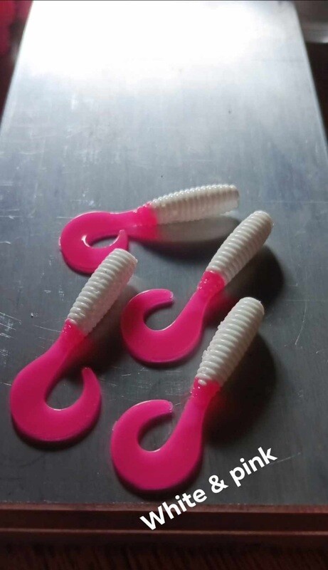 2&quot; Wiggle tail twisters 
16 per pack
White &amp; hot pink