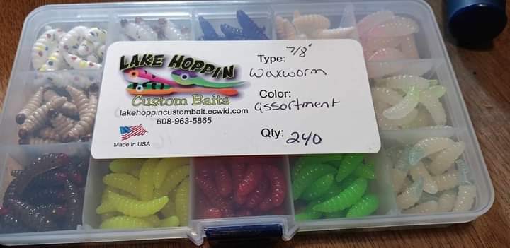 240 piece  7/8&quot; Waxworms &amp; glo 16 of ea color 15 diffrent colors 1 uv Keychain  1 reusable Pocket size tray Free random 1&quot; Splatter bug 🐛