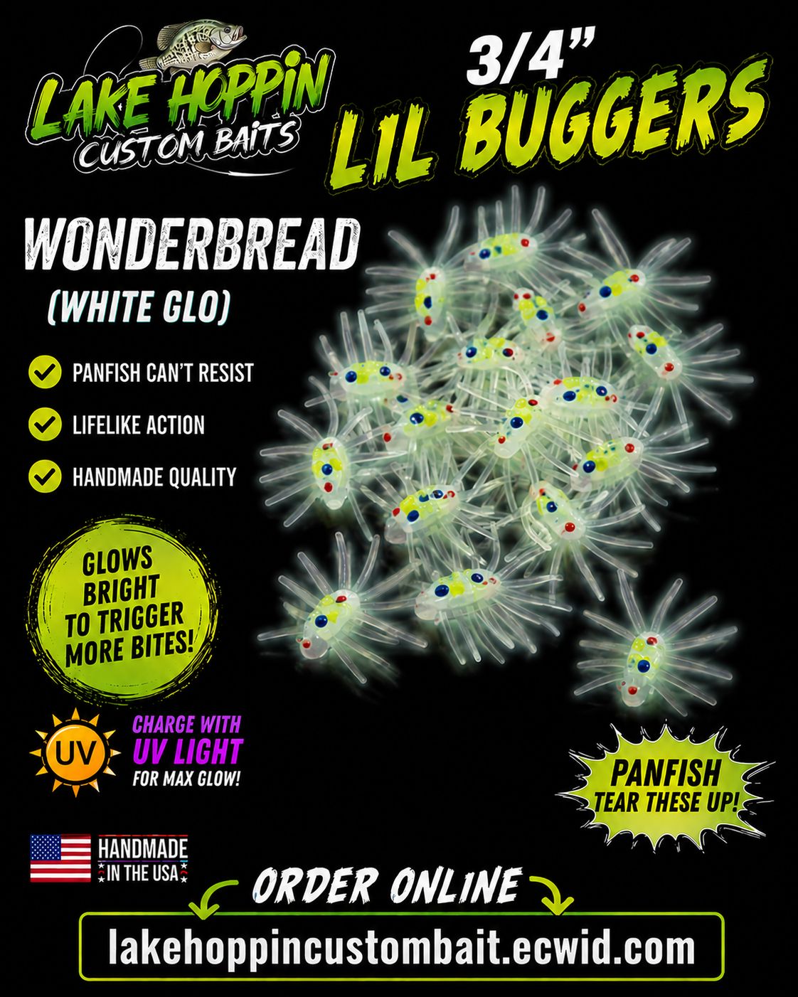 3/4" Lil buggers Wonderbread ( white glow) Hand painted  10 per pack