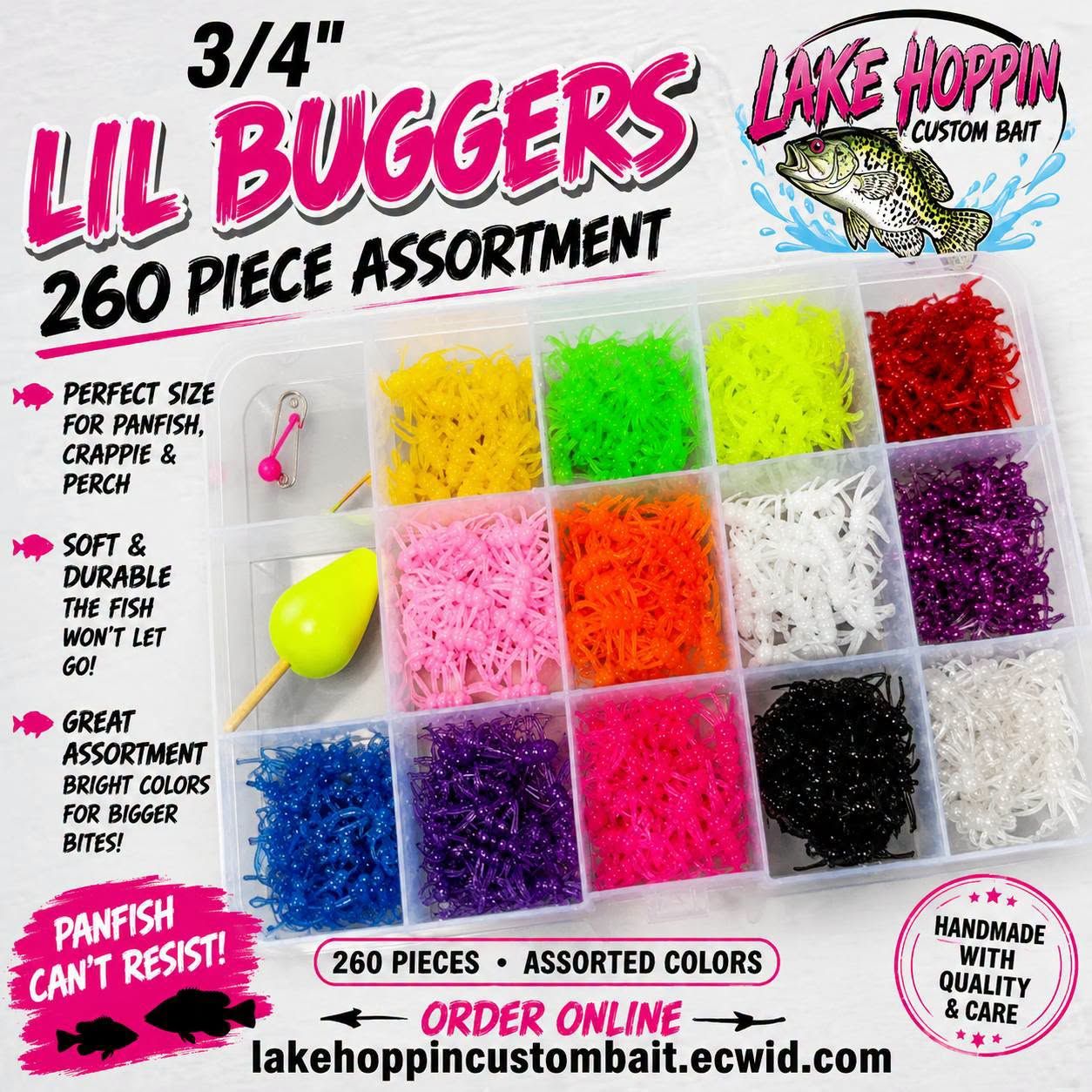 260 piece 3/4" Lil buggers kit 20 of ea color 13 different colors  1 float 3 jigs 1 reusable Pocket size tray