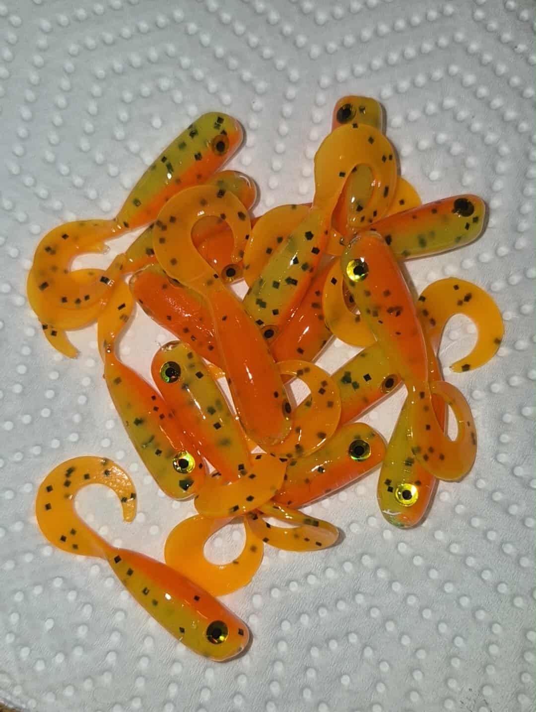 2" Wiggle tail twisters  Orange &amp; chartreuse &amp; black flake  16 per pack