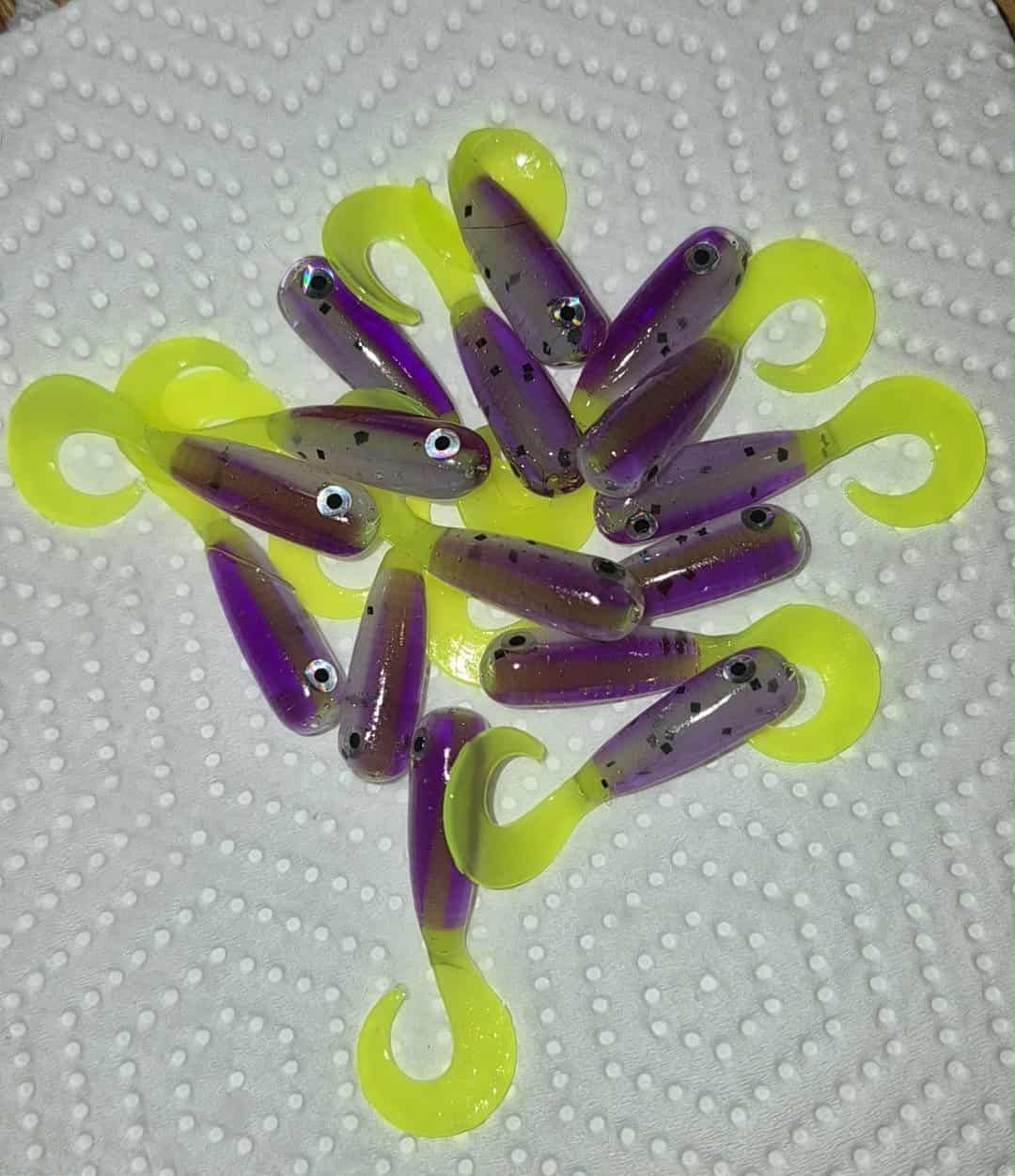 2" Wiggle tail twisters  Junebug/monkey milk/chartreuse  Core shot 16 per pack