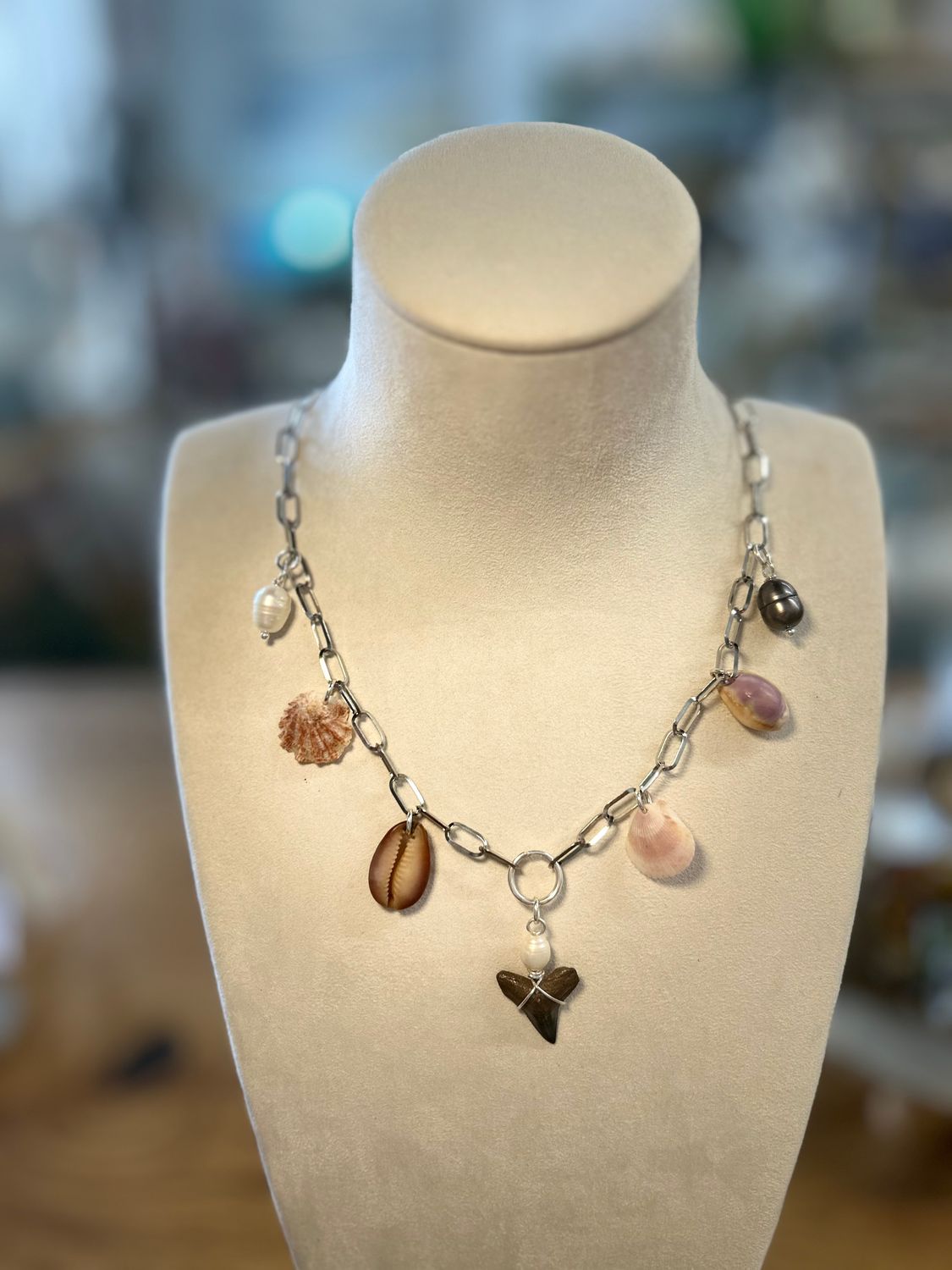 Silver Shark Tooth And Shell Dangle Necklace
