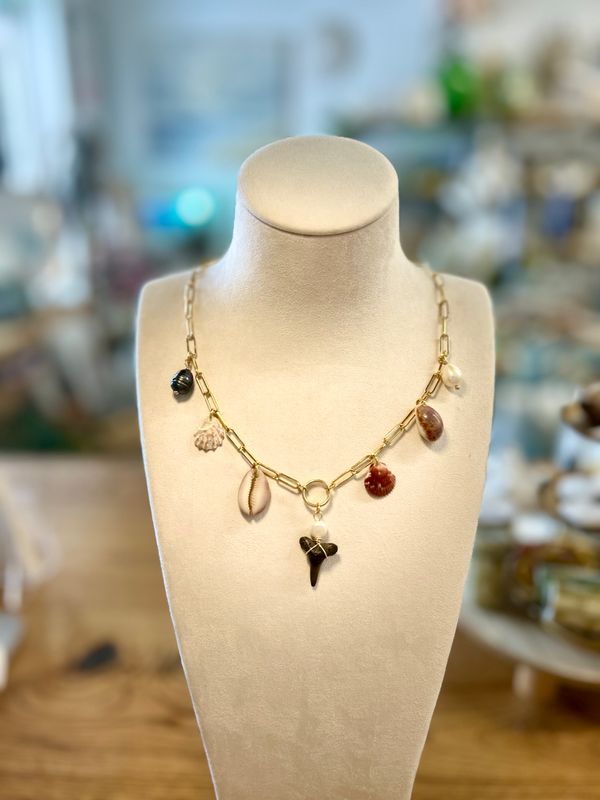 Gold Shark Tooth And Shell Dangle Necklace