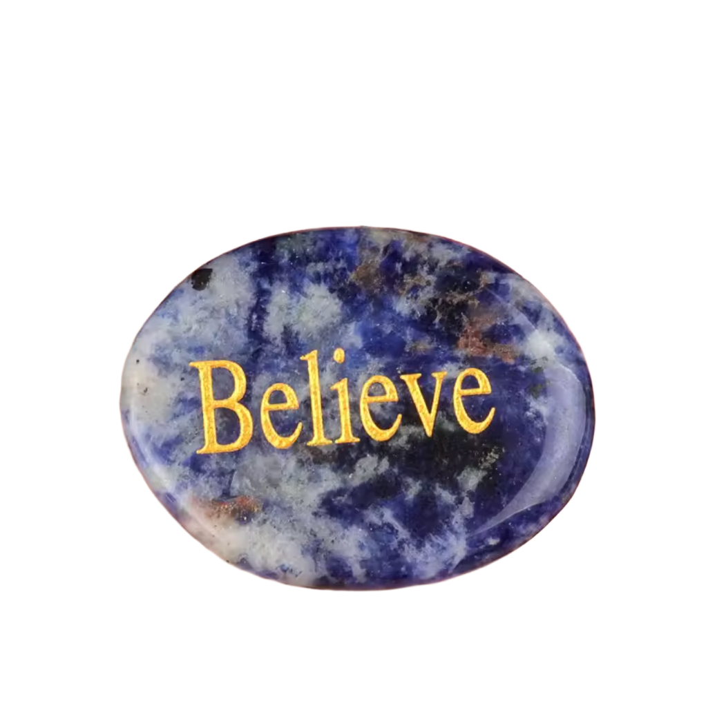 Blue Sodalite Spiritual Oval Thumb-Press Healing Stone - "BELIEVE"