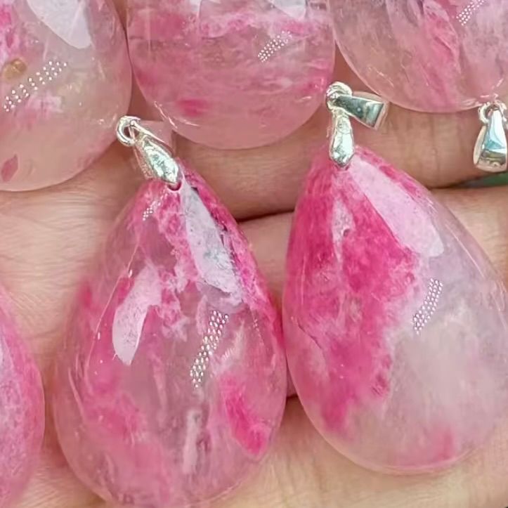 Silver 925 Teardrop Pendant - Natural Healing Crystal Stone - Rhodonite