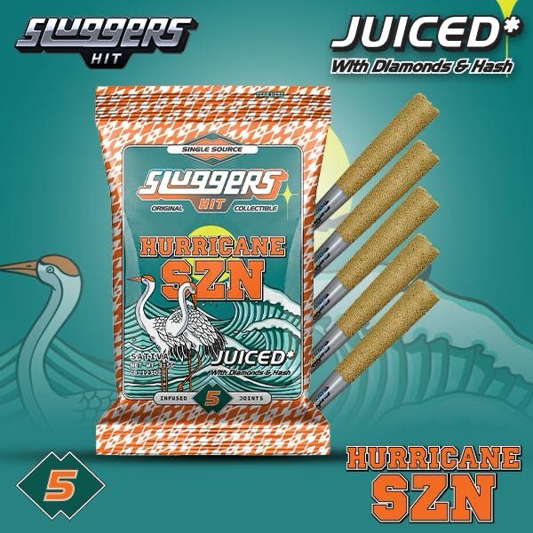 Sluggers HIT: 5pk INFUSED Pre-Rolls, JUICED* With Diamonds &amp; Hash - Hurricane SZN SATIVA