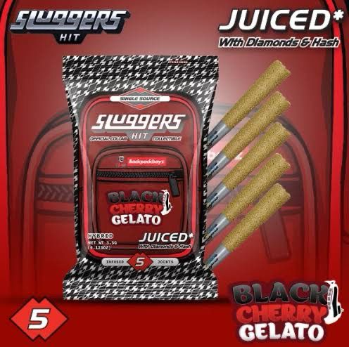 Sluggers HIT: 5pk INFUSED Pre-Rolls • JUICED* With Diamonds &amp; Hash - Black Cherry Gelato HYBRID