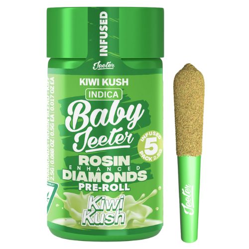 Baby Jeeter: 5pk Rosin Enhanced Diamonds Pre-Rolls THC: 36.8% - Kiwi Kush INDICA