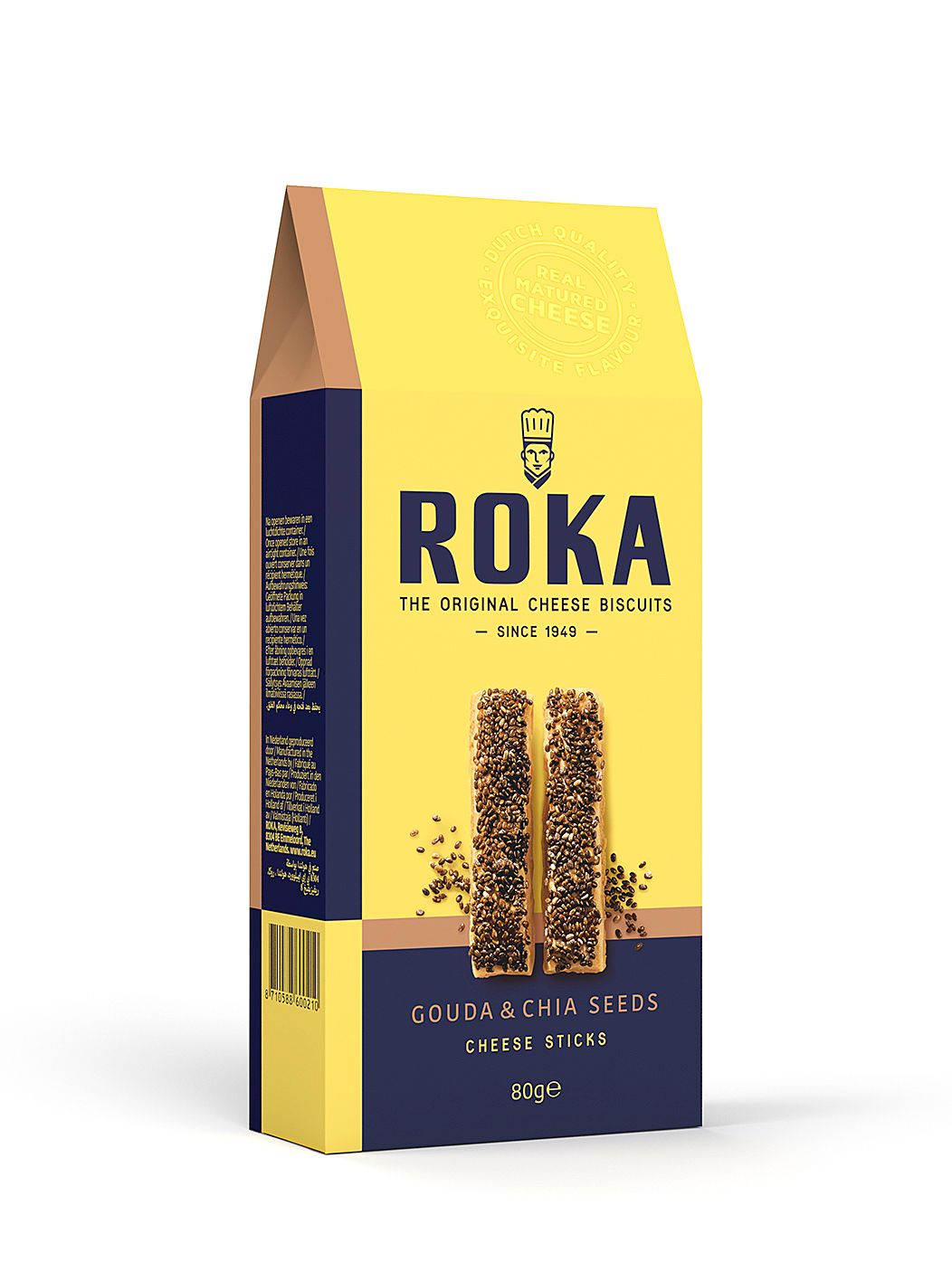 Roka Cheesesticks Gouda kaas met Chia zaadjes 80 gr Roka Cheesesticks Gouda kaas met Chia zaadjes 80 gr