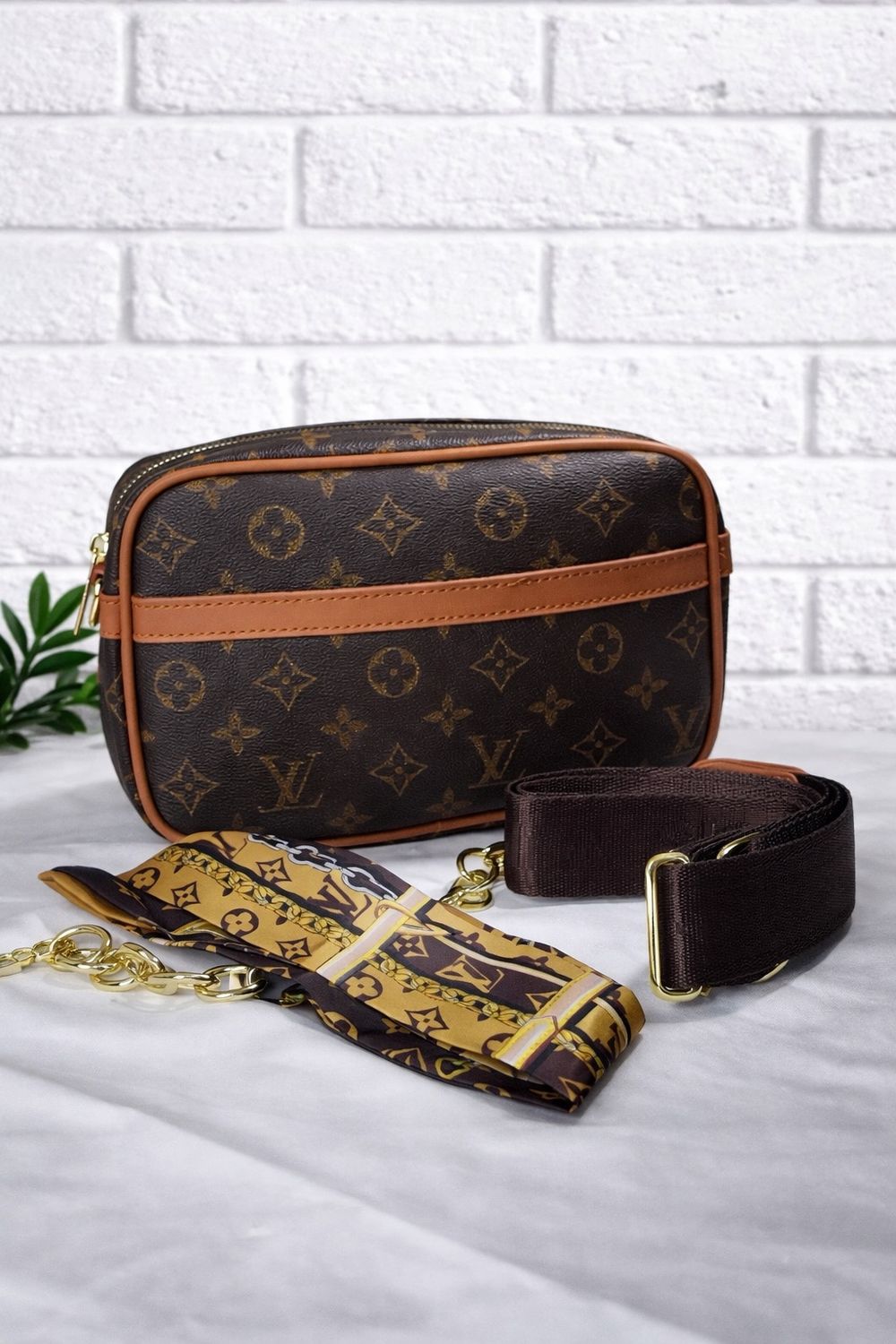 Brown  LV Crossbody bag with Twilly and gold chain