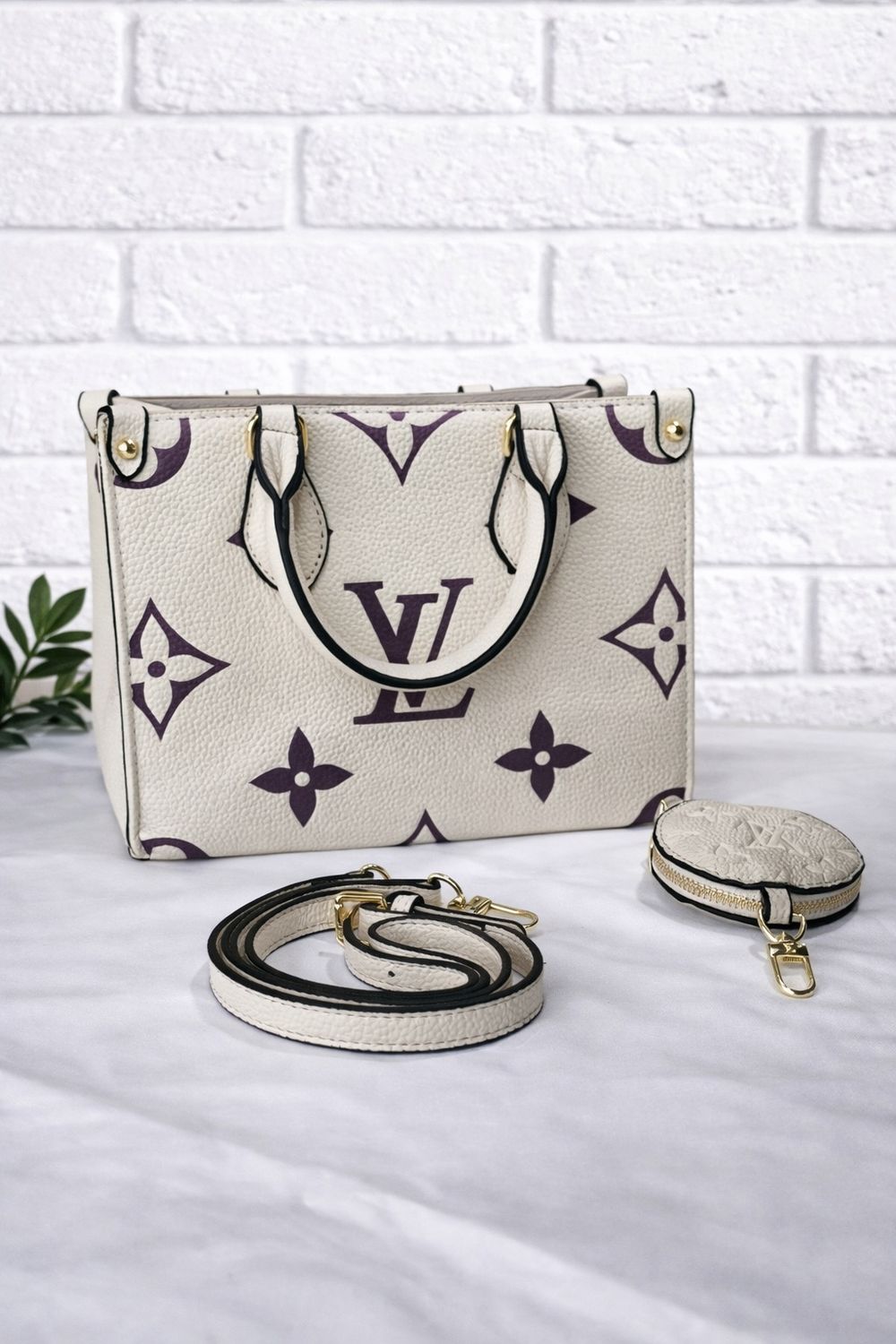 Cream LV bag with coin purse