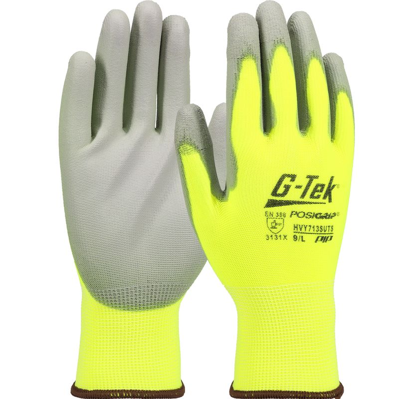 G-Tek® PosiGrip® Hi-Vis Seamless Knit Polyester Blend Glove with Polyurethane Coated Flat Grip on Palm & Fingers - Touchscreen (#HVY713SUTS)