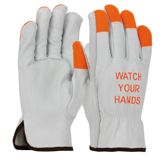PIP Economy Grade Top Grain Cowhide Leather Drivers Glove with Hi-Vis Fingertips and "Watch Your Hands" Logo - Keystone Thumb  (#68-162HV)
