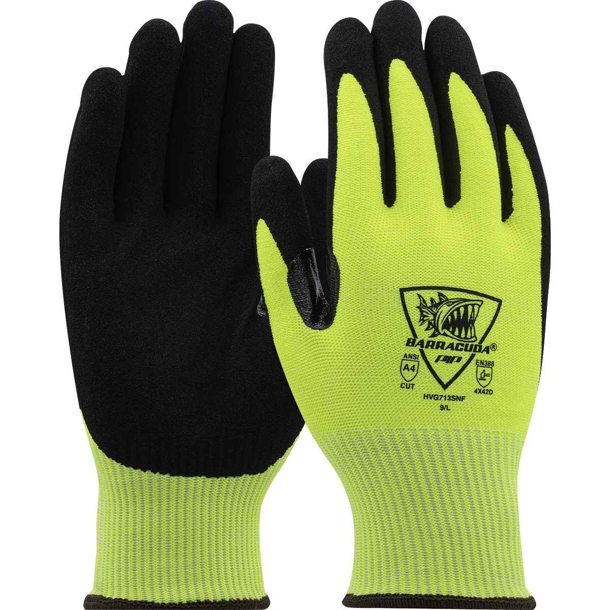 G-Tek® Barracuda® Hi-Vis Seamless Knit A4 PolyKor® Blended Glove with Nitrile Coated Sandy Grip on Palm & Fingers - Touchscreen (#HVG713SNF) G-Tek® Barracuda® Hi-Vis Seamless Knit A4 PolyKor® Blended Glove with Nitrile Coated Sandy Grip on Palm & Fingers - Touchscreen (#HVG713SNF)
