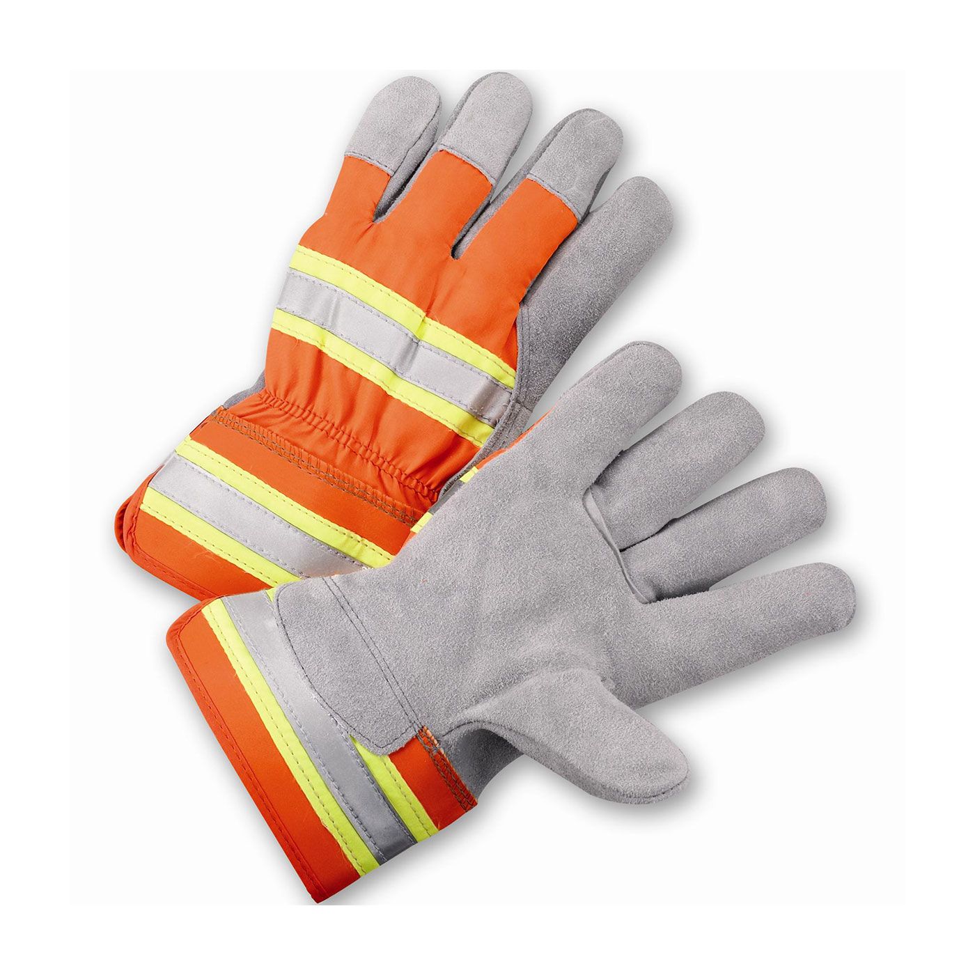 PIP Premium Split Cowhide Leather Palm Glove with Hi-Vis Nylon Back - Rubberized Safety Cuff (#HVO500) PIP Premium Split Cowhide Leather Palm Glove with Hi-Vis Nylon Back - Rubberized Safety Cuff (#HVO500)
