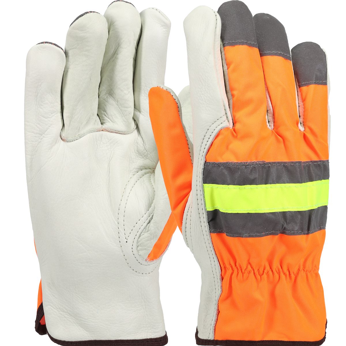 PIP Top Grain Cowhide Leather Palm Drivers Glove with Hi-Vis Fabric Back (#HVO990K) PIP Top Grain Cowhide Leather Palm Drivers Glove with Hi-Vis Fabric Back (#HVO990K)
