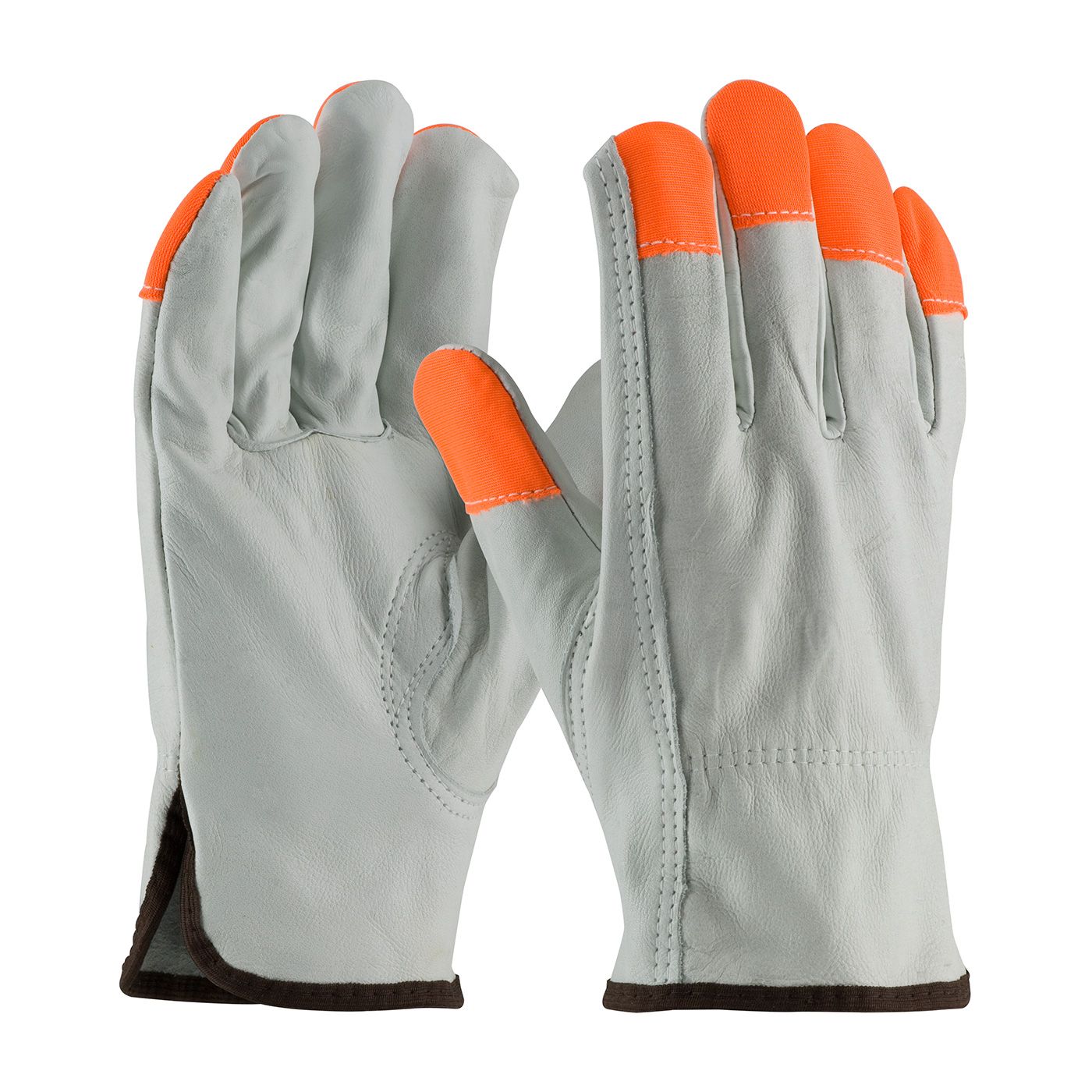 PIP Regular Grade Top Grain Cowhide Leather Drivers Glove with Hi-Vis Fingertips - Keystone Thumb (#68-163HV) PIP Regular Grade Top Grain Cowhide Leather Drivers Glove with Hi-Vis Fingertips - Keystone Thumb (#68-163HV)