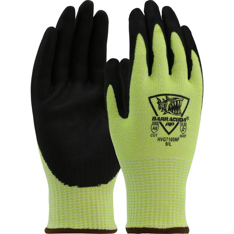 G-Tek® PolyKor® Barracuda® Hi-Vis Seamless Knit A8 PolyKor® Blended Glove with Foam Nitrile Coated Grip on Palm & Fingers (#HVG710SNF)