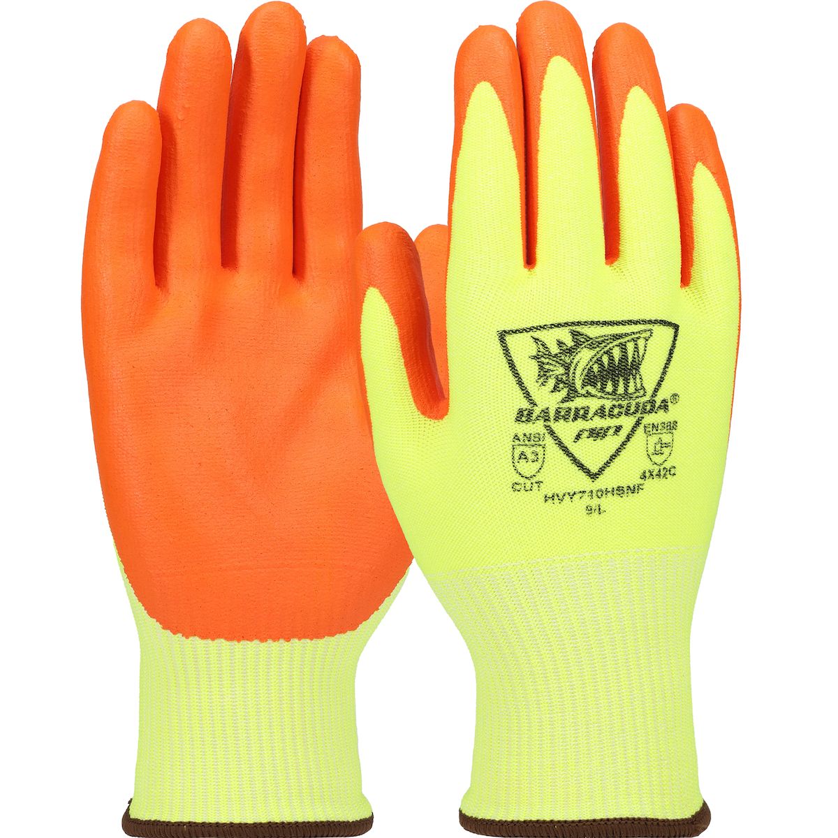 G-Tek® Barracuda® Hi-Vis Seamless Knit A3 Polykor Blended Glove with Foam Nitrile Coated Grip on Palm & Fingers (#HVY710HSNF)