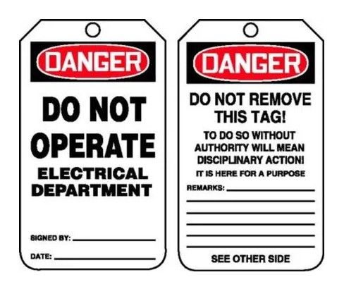OSHA Danger Safety Tag: Do Not Operate - Electrical Department, 5/pack (#MDT165CTM) OSHA Danger Safety Tag: Do Not Operate - Electrical Department, 5/pack (#MDT165CTM)