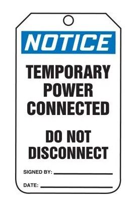 OSHA Notice Safety Tag: Temporary Power Connected - Do Not Disconnect, 25/pack (#MDT618CTP) OSHA Notice Safety Tag: Temporary Power Connected - Do Not Disconnect, 25/pack (#MDT618CTP)