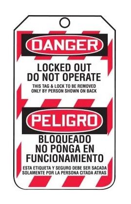 Bilingual OSHA Danger Lockout Tag: Locked Out - Do Not Operate, 5/pack (#TSP103CTM) Bilingual OSHA Danger Lockout Tag: Locked Out - Do Not Operate, 5/pack (#TSP103CTM)