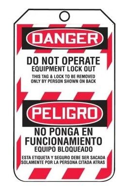 Bilingual OSHA Danger Lockout Tag: Do Not Operate - Equipment Lock Out, 25/pack (#TSP105CTP) Bilingual OSHA Danger Lockout Tag: Do Not Operate - Equipment Lock Out, 25/pack (#TSP105CTP)