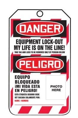 Bilingual OSHA Danger Lockout Tag: Equipment Lock-Out - My Life Is On The Line!, 25/pack (#TSP107CTP) Bilingual OSHA Danger Lockout Tag: Equipment Lock-Out - My Life Is On The Line!, 25/pack (#TSP107CTP)