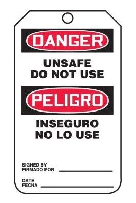 Bilingual OSHA Danger Lockout Tag: Unsafe - Do Not Use, 5/pack (#TSP164CTM) Bilingual OSHA Danger Lockout Tag: Unsafe - Do Not Use, 5/pack (#TSP164CTM)