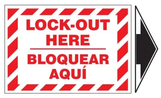 Bilingual Lockout/Tagout Label: Lockout Here (With Arrow), 5/pack (#SBLSPS509VSP)