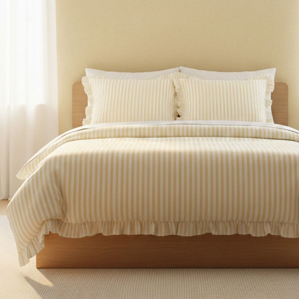 Pościel TRUDY bawełniana w żółte paski z falbanką 220x200 + 2*70x80 cm