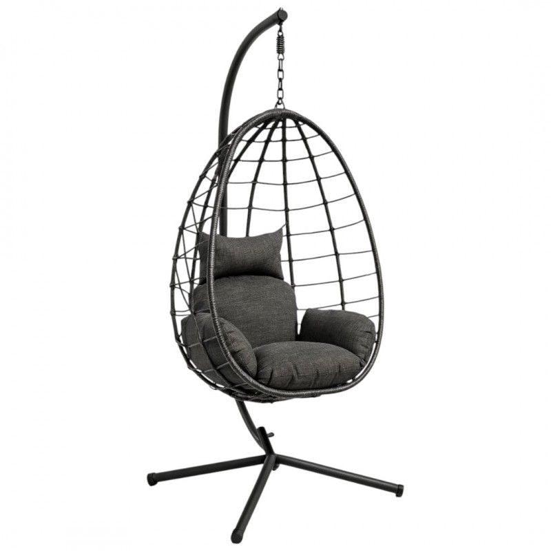 Fotel wiszący huśtawka, kokon składany czarny, antracyt z poduszkami