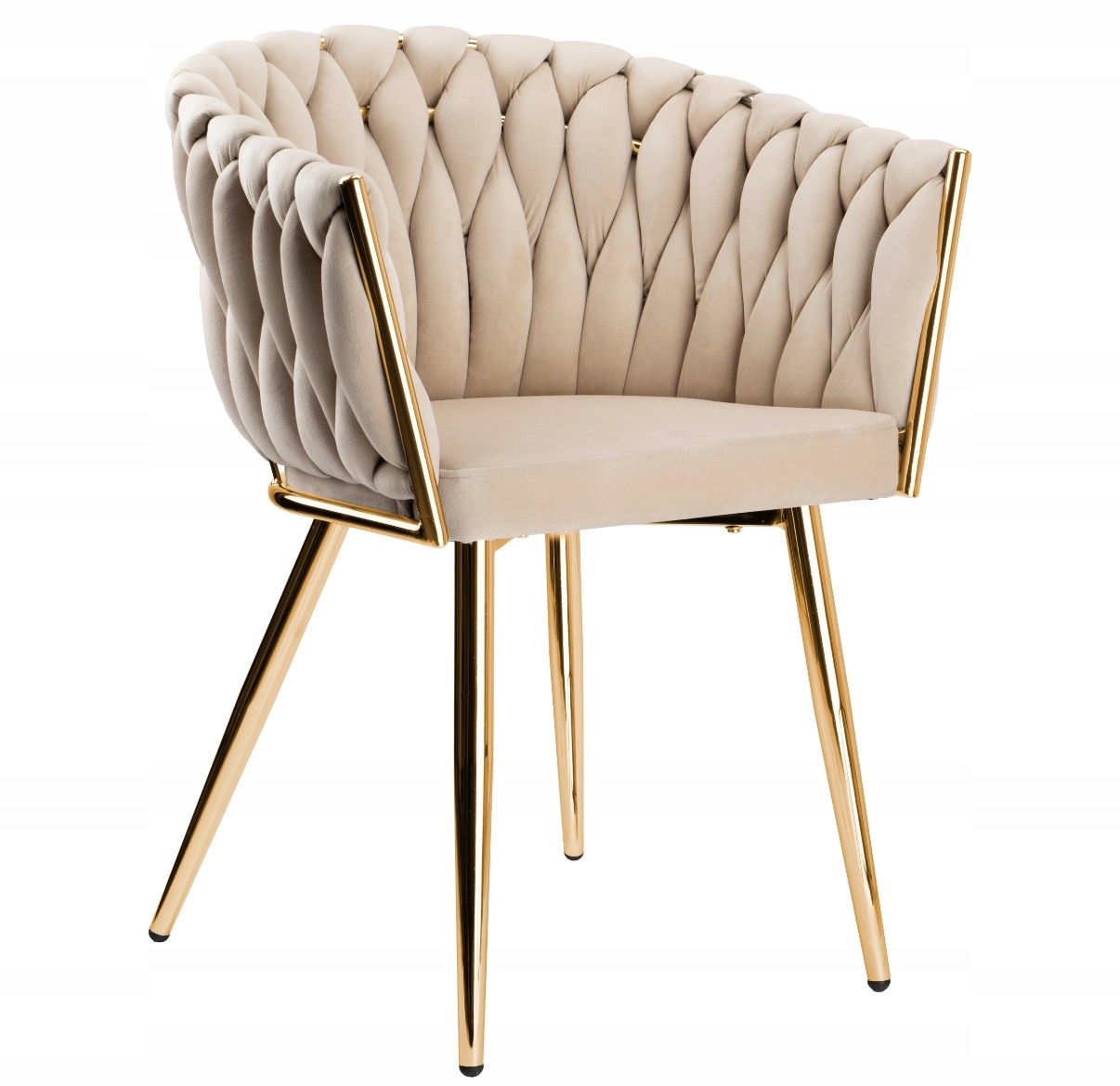 KRZESŁO TAPICEROWANE DO SALONU JADALNI BEŻOWE WELUROWE GLAMOUR ZŁOTE NOGI