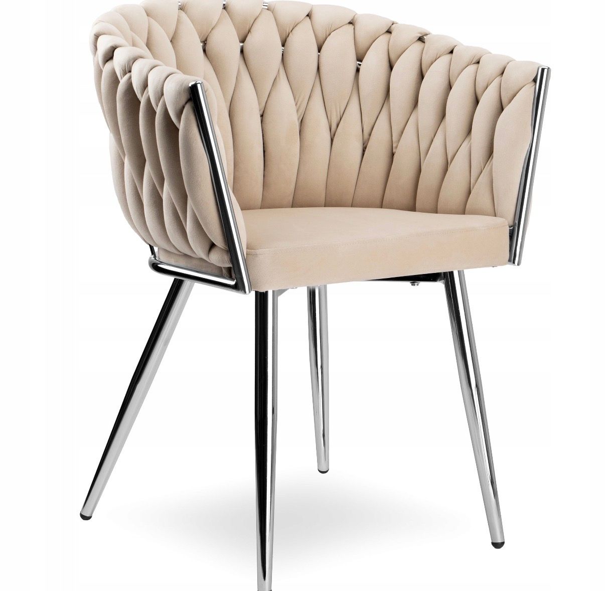 KRZESŁO TAPICEROWANE DO SALONU JADALNI BEŻOWE WELUROWE GLAMOUR CHROMOWANE NOGI