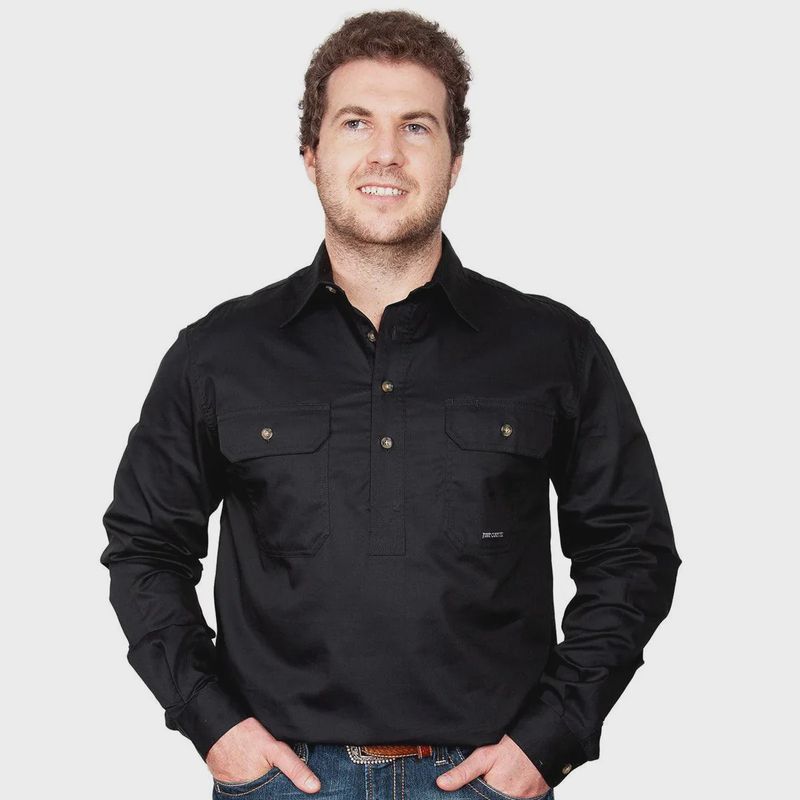 Just Country Mens Cameron Half Button Long Sleeve Black Work Shirt