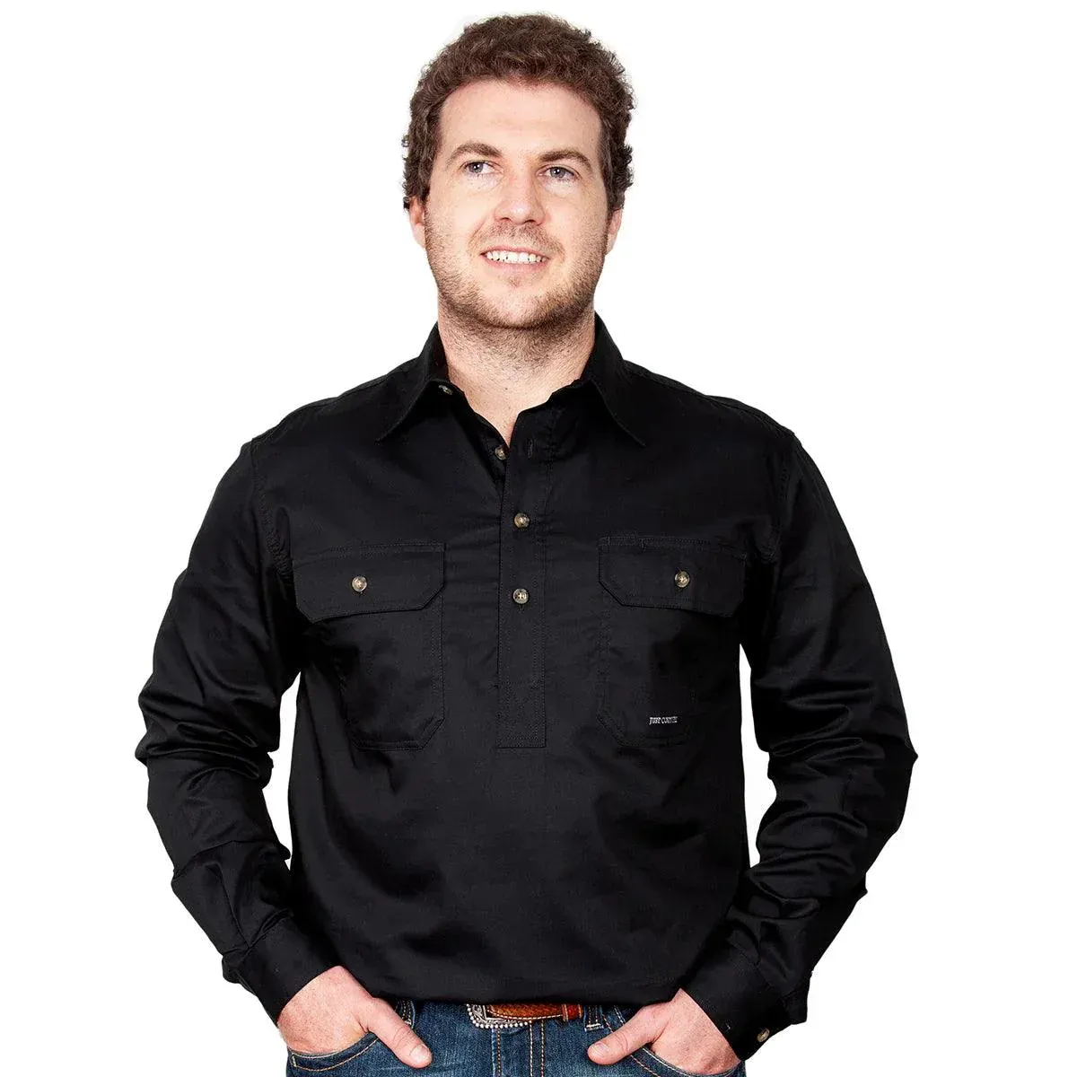 Just Country Mens Cameron Half Button Long Sleeve Black Work Shirt, Size: S