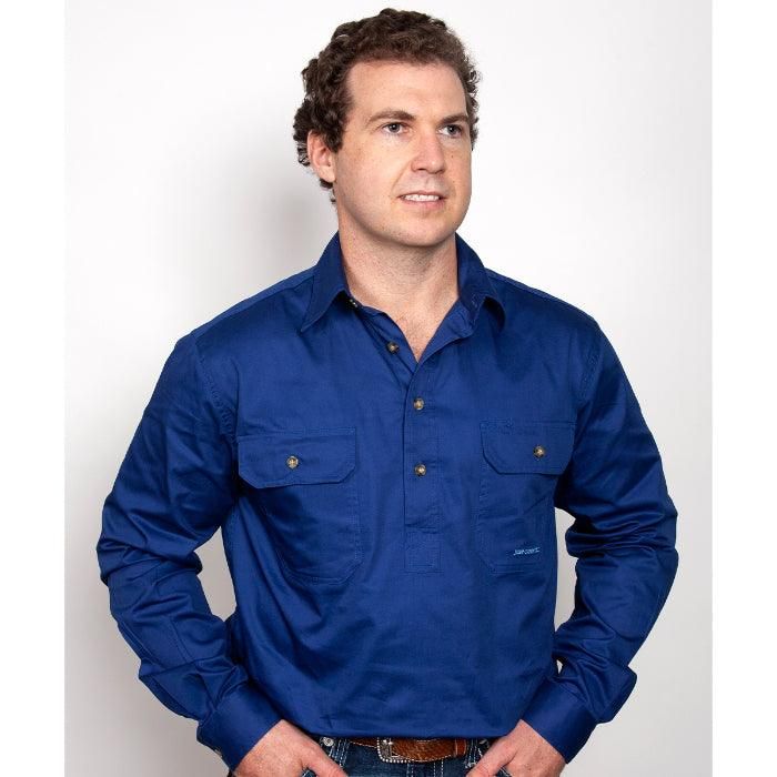 Just Country Mens Cameron Half Button Long Sleeve Cobalt Work Shirt, Size: S