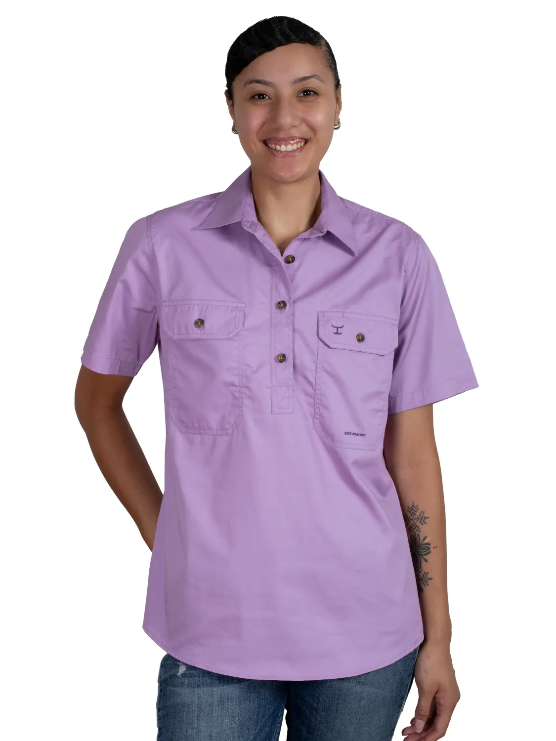 Just Country Ladies Evie Half Button Short Sleeve Orchid Work Shirt, Size: XS (8)