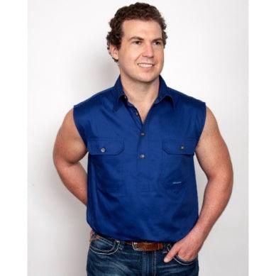 Just Country Mens Jack Half Button Sleeveless Cobalt Work Shirt, Size: S