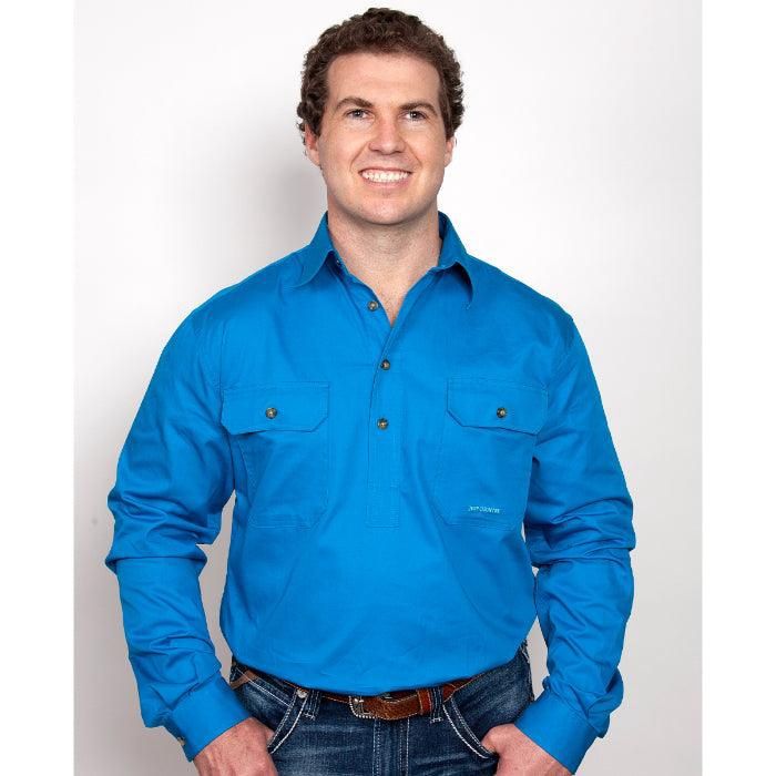 Just Country Mens Cameron Half Button Long Sleeve Blue Jewel Work Shirt