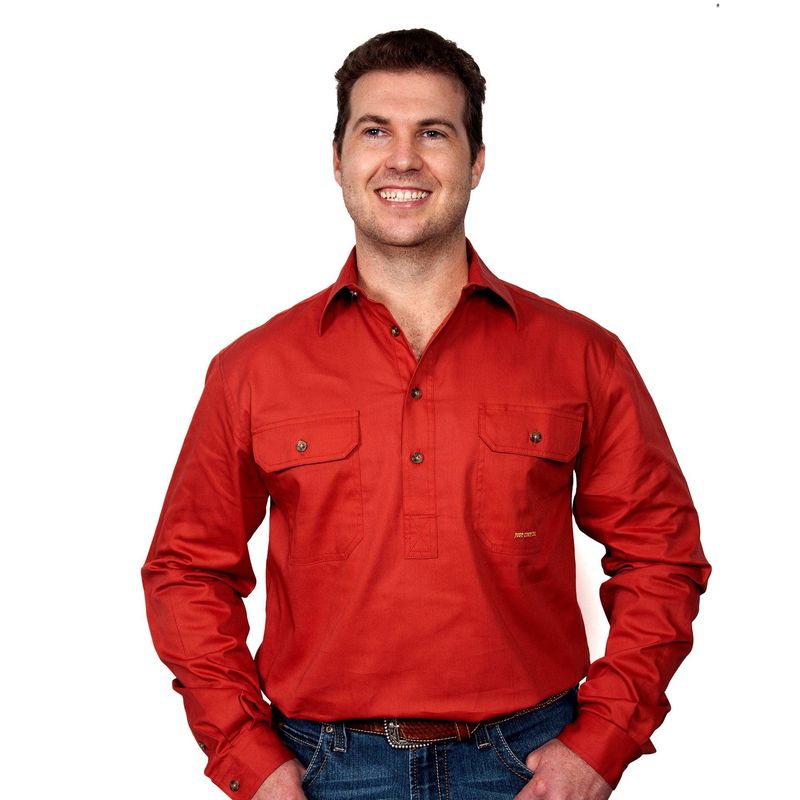 Just Country Mens Cameron Half Button Long Sleeve Rust Work Shirt