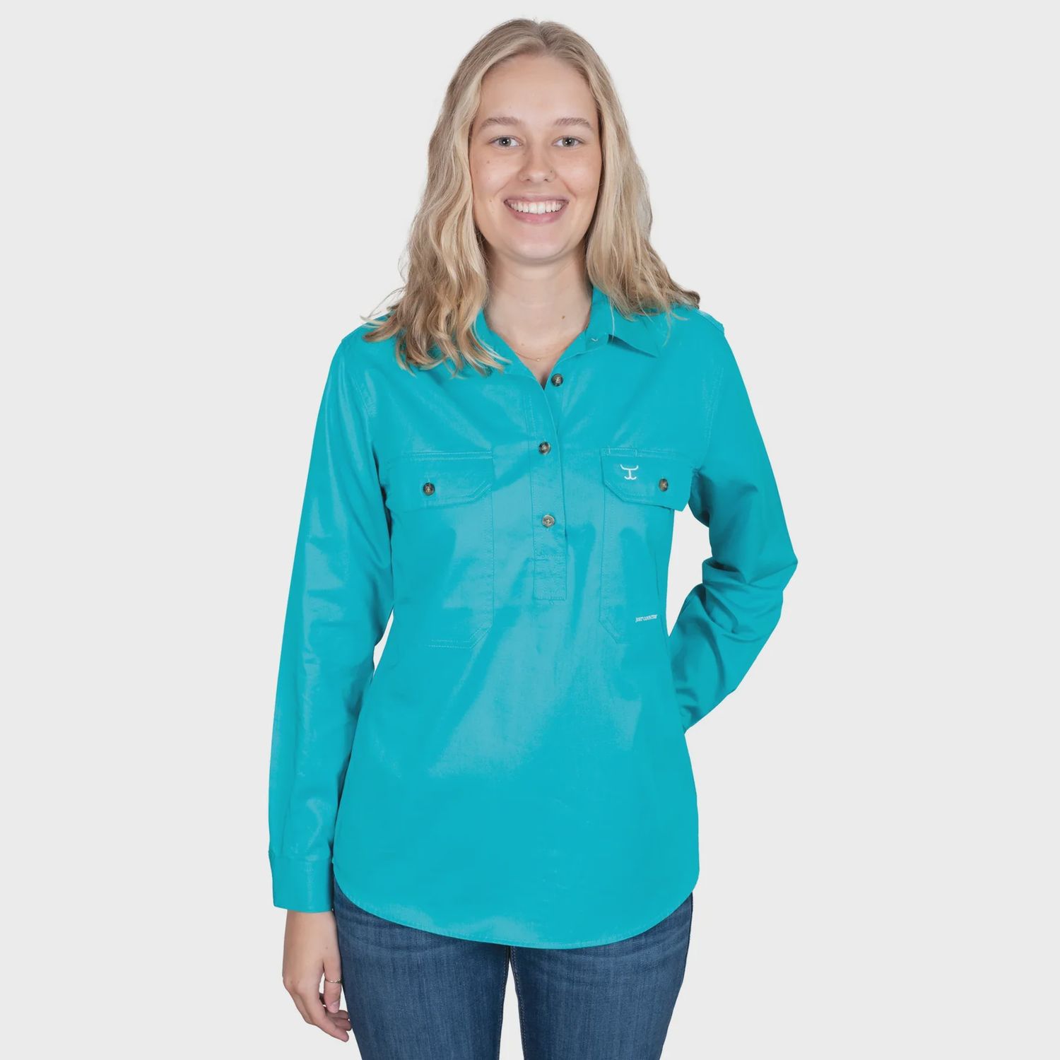 Just Country Ladies Jahna Half Button Long Sleeve Turquoise Work Shirt, Size: XS (8)