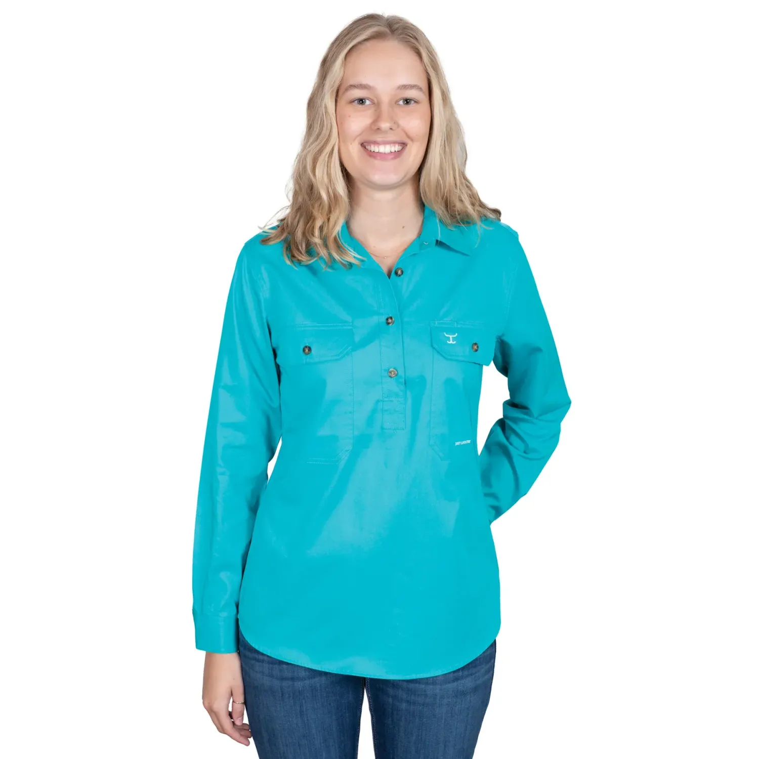 Just Country Ladies Jahna Half Button Long Sleeve Turquoise Work Shirt, Size: XS (8)