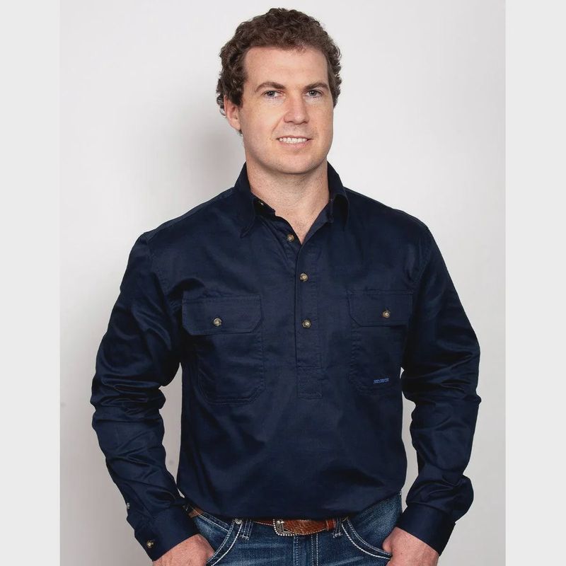 Just Country Mens Cameron Half Button Long Sleeve Navy Work Shirt