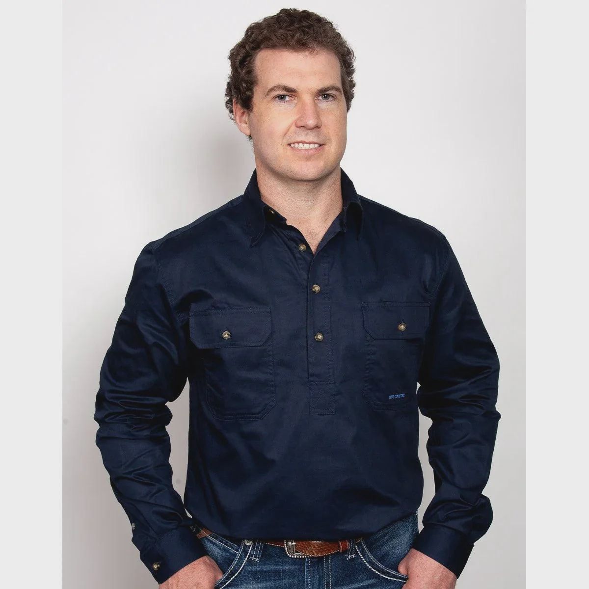 Just Country Mens Cameron Half Button Long Sleeve Navy Work Shirt, Size: S