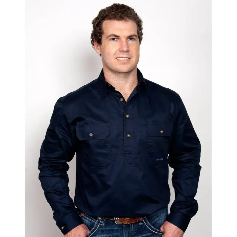 Just Country Mens Cameron Half Button Long Sleeve Navy Work Shirt