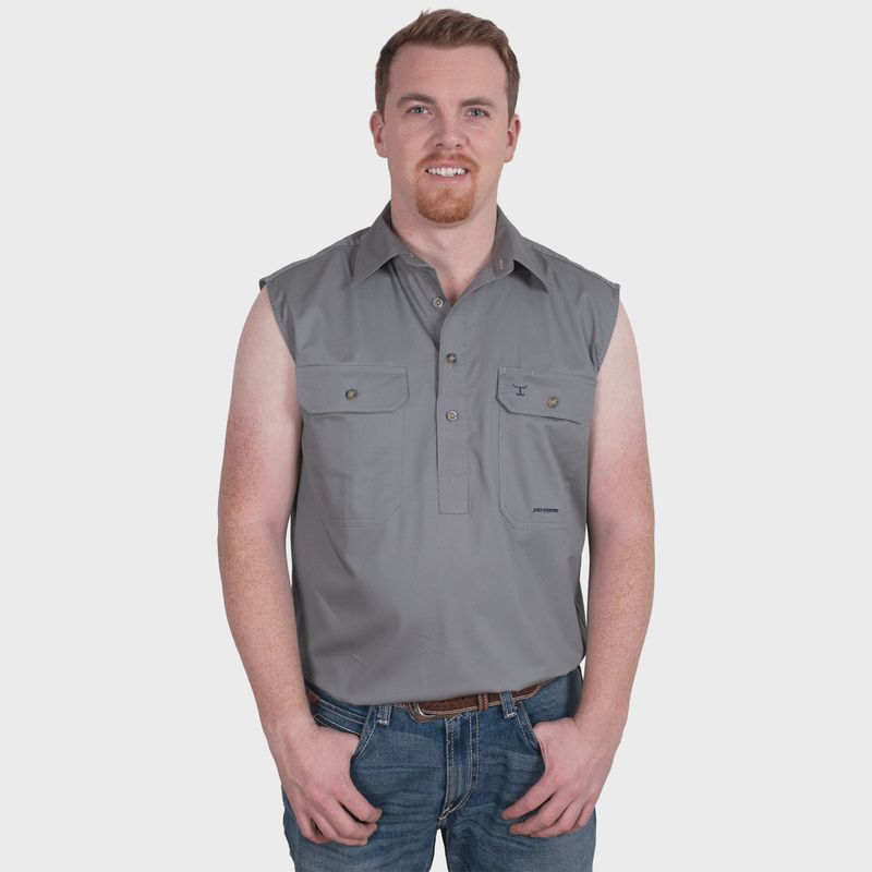 Just Country Mens Jack Half Button Sleeveless Steele Grey Work Shirt